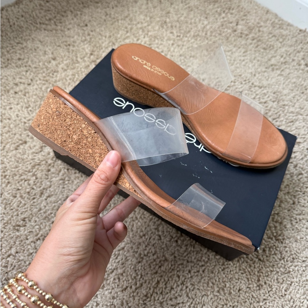 Andre Assous Clear Strap Tan Cork Wedges